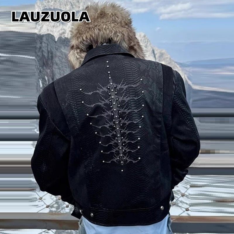 Streetwear Zipper - Men Black Snake Embossed Jacket Back