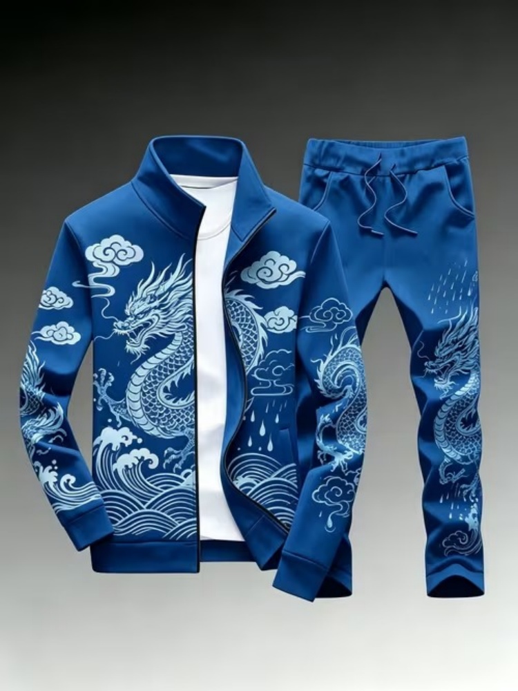 Streetwear Zipper - Plus Size Men's Casual Dragon Print
