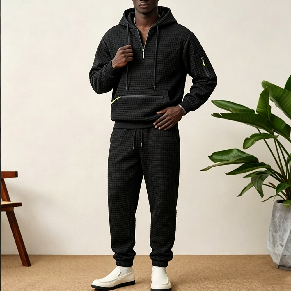 Streetwear Zipper - Men's 2PCS Waffle Grid Tracksuit Half
