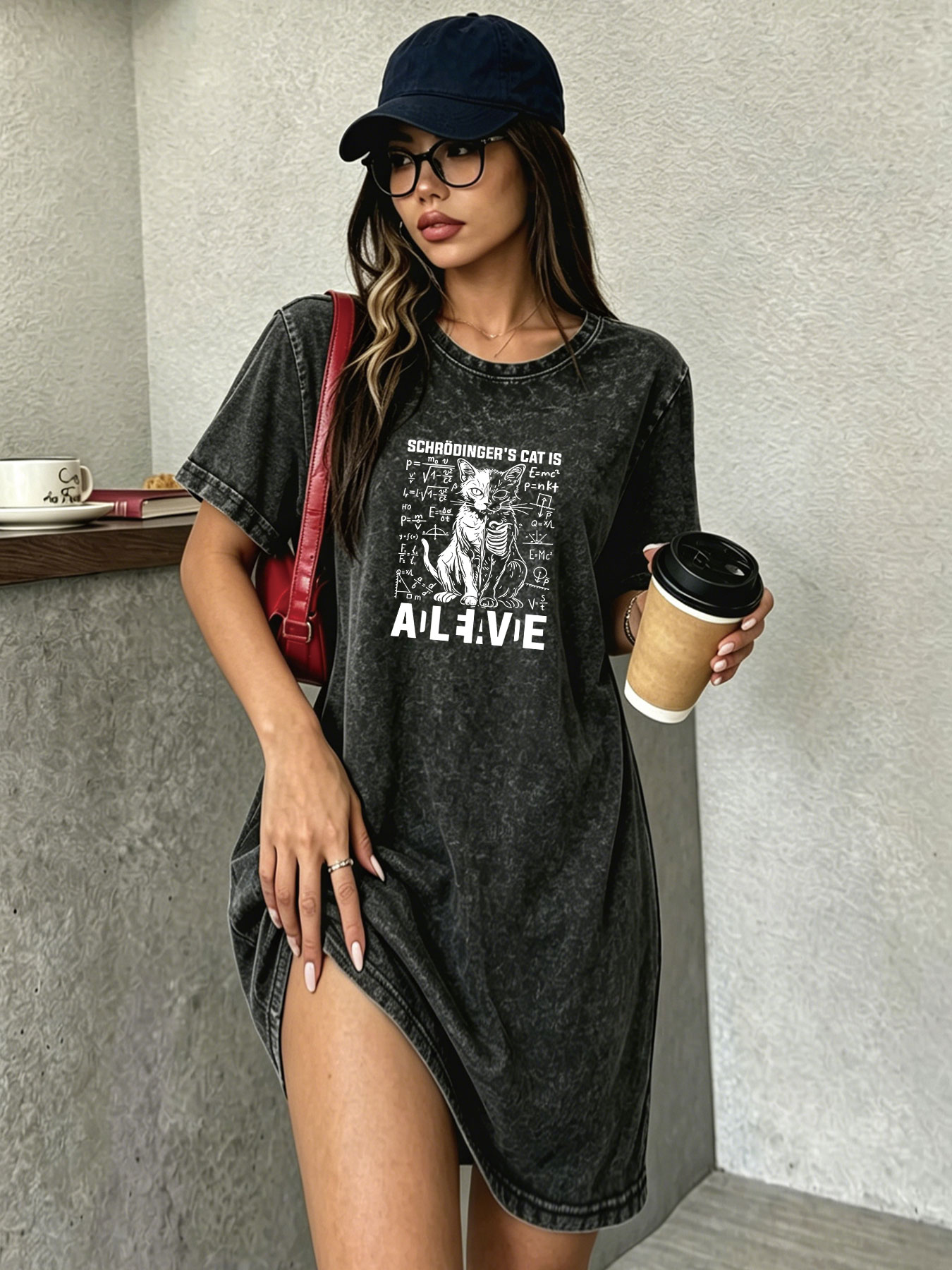 Streetwear Brand Cat - Vintage Washed Distressed T-Shirt Dress for