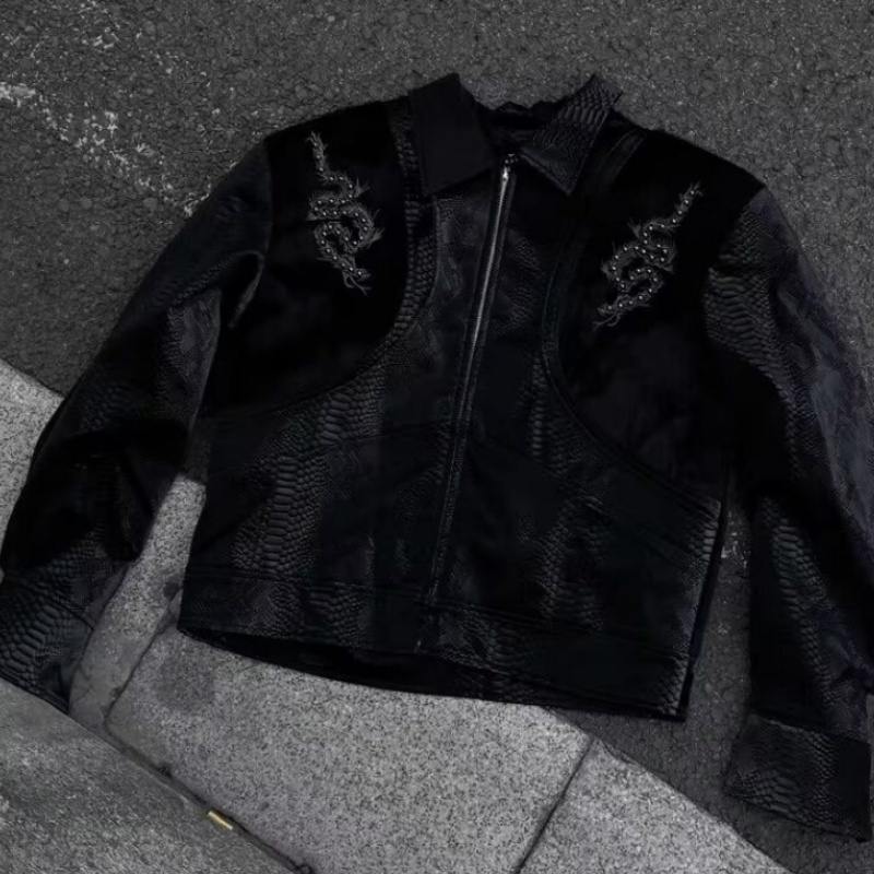 Men Black Snake Embossed Jacke - огляд і ціна Streetwear Zipper